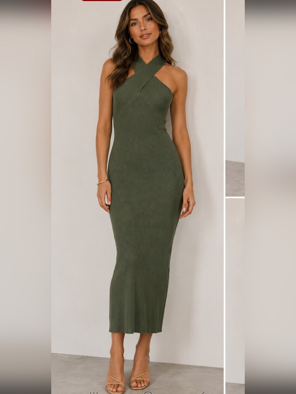 Topshop Olive Green Ribbed Cross Front Knit Midi Dress Size Medium